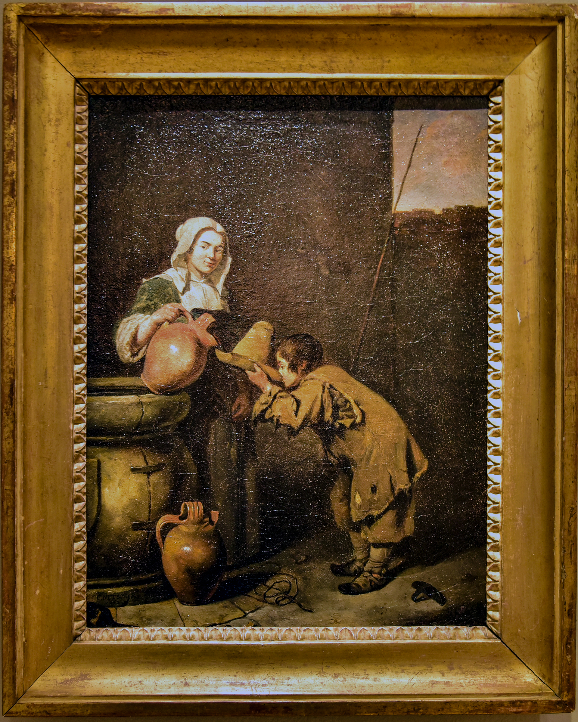 Caspar Netscher
(Heidelberg, 1639 - La Haye, 1684)
Jeune ramoneur buvant près d'un puits, 1662