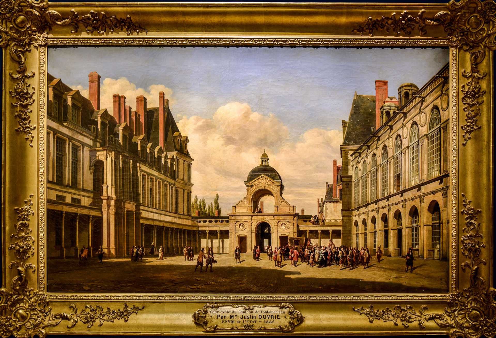 Pierre Justin Ouvrier
(Paris, 1806 - Rouen ?, 1879)
Cours Ovale du Chateau de Fontainebleau. Arrivée de Christine de Suède, 1840)